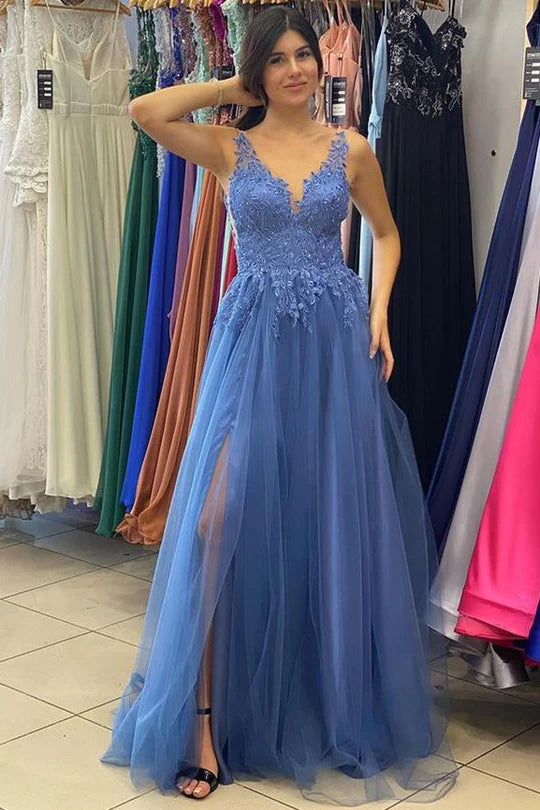 Vestido de fiesta de corte A con apliques de encaje de tul
